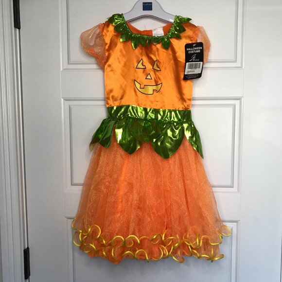 Seasons Precious Pumpkin Costume Girls Small (4-6) Halloween Orange Green NEW - Picture 3 of 11